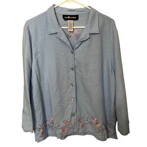 Embroidered Linen Blend Shirt Sz 18 Button-Down Light Blue Floral Beach Lagenlo